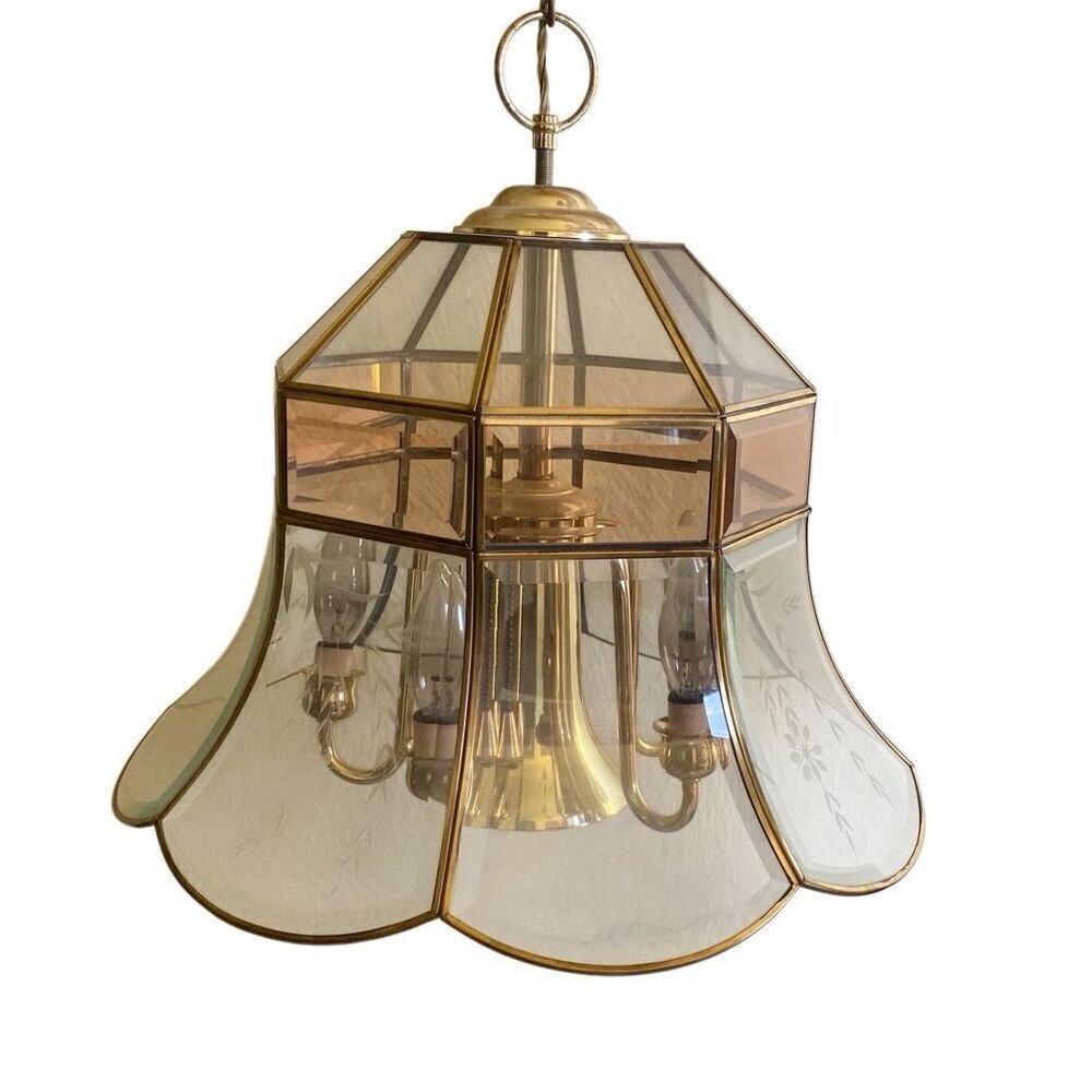 Brass Beveled Glass Hanging 12 Bell Shape Foyer Chandelier Light Pendant Fredric